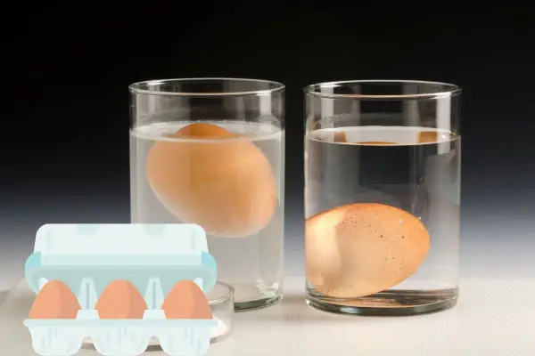 Un œuf qui flotte dans un verre d'eau, un autre repose au fond. Une boîte d'œufs est visible au premier plan.