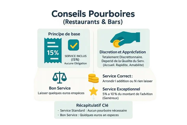 Conseils pourboires : 15% inclus, discrétion, bon service (quelques euros) ou exceptionnel (5-10%).