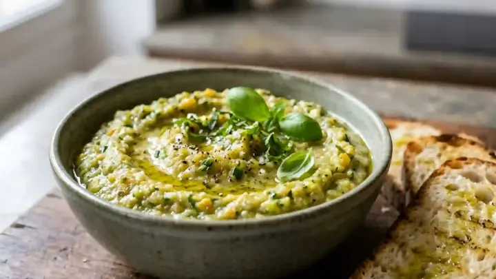 Un bol de caviar de courgette, garni de basilic frais et d'huile d'olive, servi avec des toasts grillés.