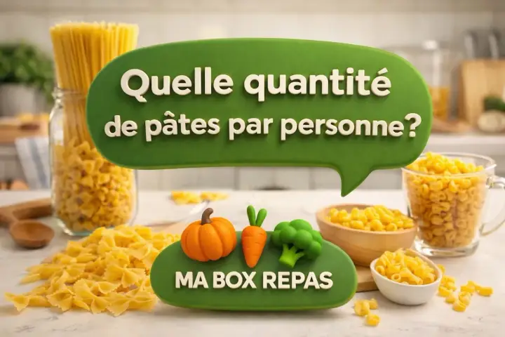 Diverses pâtes, dont des spaghetti, sont présentées avec la question "Quelle quantité de pâtes par personne ?".
