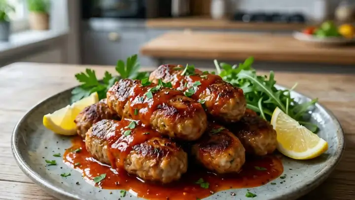 Fricadelles de bœuf savoureuses, nappées d'une sauce rouge et garnies de persil frais, servies avec des quartiers de citron et de la roquette.