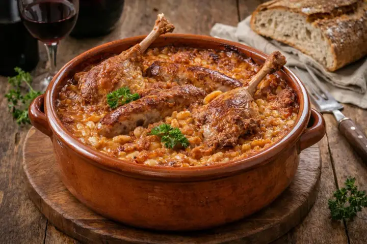 Cassoulet maison recette grand-mère : un plat mijoté dans une cocotte en terre cuite, avec confit de canard, saucisses et haricots blancs. Parfait avec du pain croustillant et un verre de vin rouge.