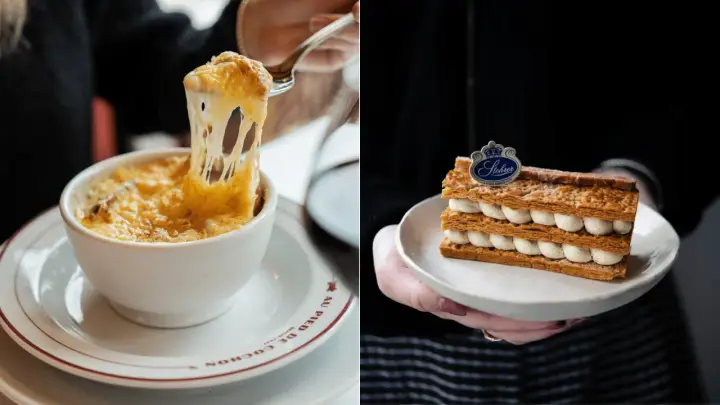 Soupe à l'oignon gratinée et millefeuille, deux spécialités culinaires parisiennes incontournables.